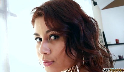 Busty ginger in lingerie gagging on her friend's dick in POV