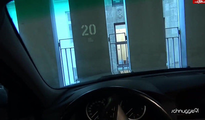 Busty blonde GF can't wait to get home and sucks BF's cock in a car