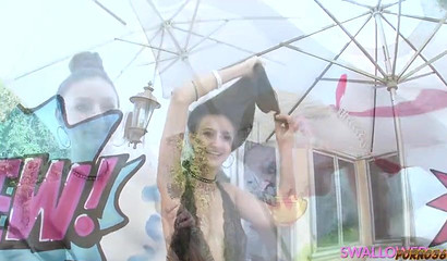 Three sluts in lingerie throating and riming lucky dude in a foursome