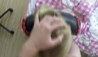 Chubby blonde gives throating thick dick and gets cum all over her face