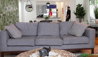 Brunette stepsisters with amazing tits taking one cock on a bed