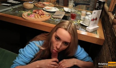 Adorable blonde chick skips dinner for a hot blowjob in public restaurant