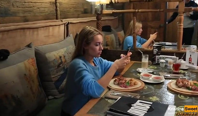 Adorable blonde chick skips dinner for a hot blowjob in public restaurant