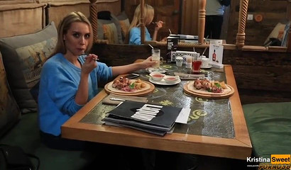 Adorable blonde chick skips dinner for a hot blowjob in public restaurant