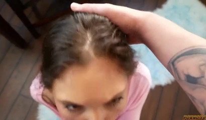 Horny amateur girl blows rod and swallows a big load of white cream