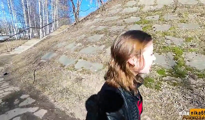 Sweetie with big eyes flashes her tiny tits and sucks schlong