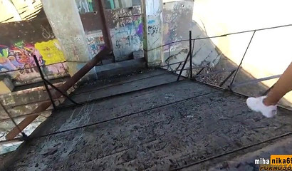 Sweetie with big eyes flashes her tiny tits and sucks schlong