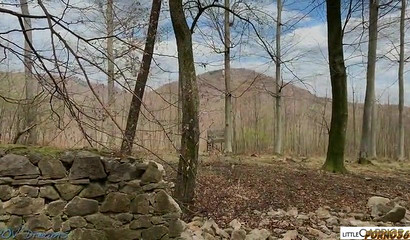 Cutie with glasses slides stiff boner inside her throat outdoors