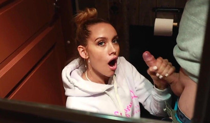 Hot Russian babe pleasing her boyfriend's dick in the public toilet