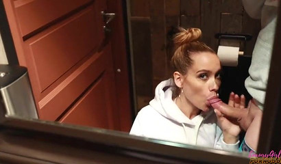 Hot Russian babe pleasing her boyfriend's dick in the public toilet