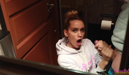 Hot Russian babe pleasing her boyfriend's dick in the public toilet