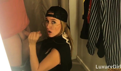 Blonde boy like babe with glasses enjoys handjob and blowjob