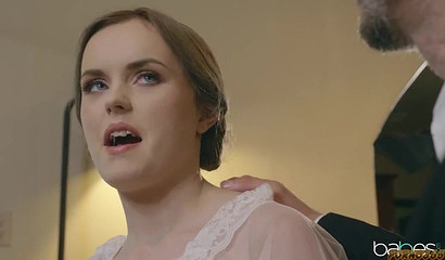 Slutty girl with big tits strips and bends over for anal fuck