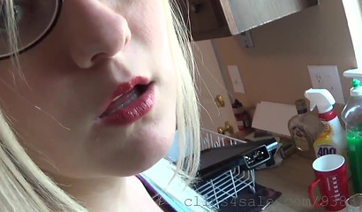 Amateur blonde slut gets tricked and face fucked in the kitchen