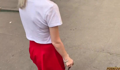 Blonde Russian teen licks top of the dick and slides it deep in her mouth