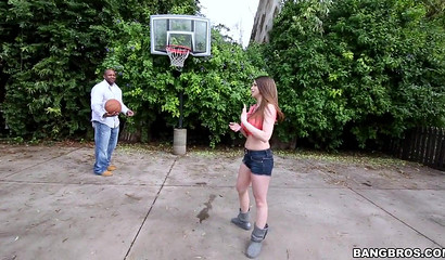 Big titted babe blows dick in basketball court and gets smashed later