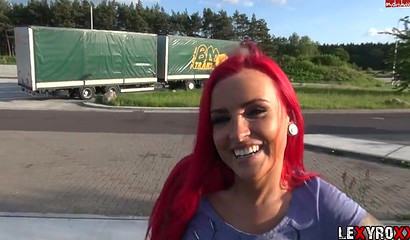 Big ass redhead blowing and fucking in public for money