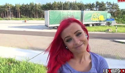 Big ass redhead blowing and fucking in public for money