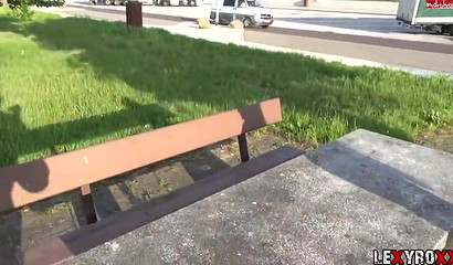 Big ass redhead blowing and fucking in public for money