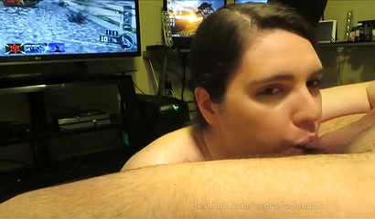 Lovely brunette sucks her man's fat balls and takes facial cumshot