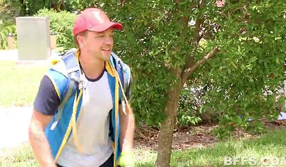 Blonde teens in cosplay uniforms get throat pussy fucked by lucky dude