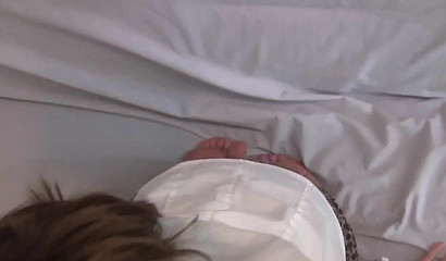 Kinky brunette babe blows boner and get her feet covered with cum