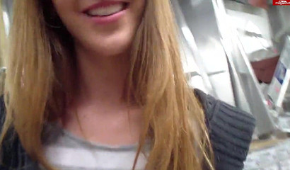 Public POV blowjob with amateur cutie ends with big facial