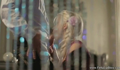 Sweet blonde babe enjoys giving her man oral pleasure after long day at work