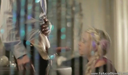 Alluring blonde babe takes whole big boner in her mouth