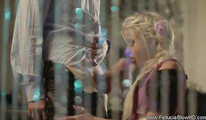 Gorgeous blonde wife pleasing her man with deepthroat blowjob