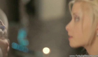 Breathtaking blonde maiden approaches her date and blows him off