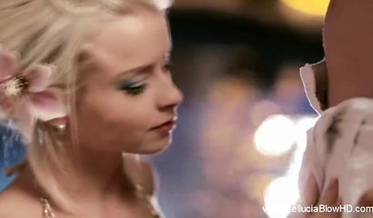 Babe with blonde hair looks guy in his eyes and sticks dick in her throat