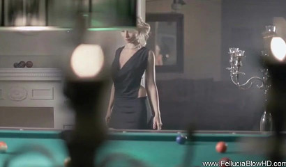 Alluring blonde lady loves to play billiard and suck big rods