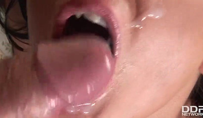 Slutty maid teasing her boss and gets hard face fucked by his big boner