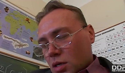 Dirty blonde geek Liz Honey blows dick for good grade in classroom