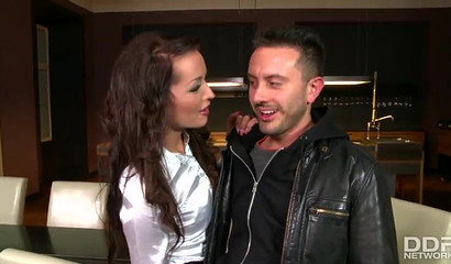 Horny business lady Sunshine eats sushi and fat cock for lunch