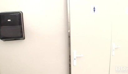 Alluring MILF Nataly Brown rubs her cunt and sucking dick in the toilet