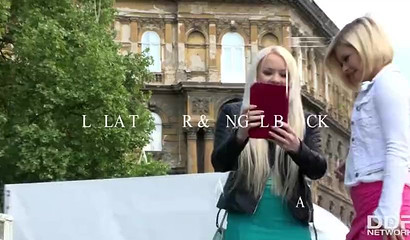 Two blonde girlfriends blow fat dong and swallow cum in POV threesome