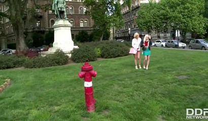 Two blonde girlfriends blow fat dong and swallow cum in POV threesome