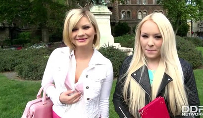 Two blonde girlfriends blow fat dong and swallow cum in POV threesome