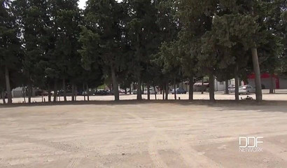 Naughty blonde Blanche Bradburry blowing big dick in public