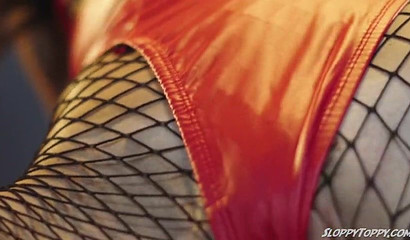 Slim slut in red latex Evelin Stone is amazing cock sucker