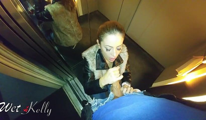 European college girl blowing a cock in an elevator