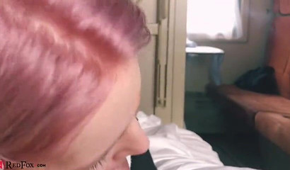 Tattooed belle with pink hair gets cum on her face