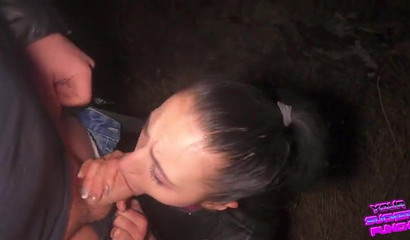 Russian babe face fucked and swallowing cum out in public