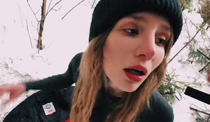 Busty teen Red Fox sucks and fucks in the snow in the forest