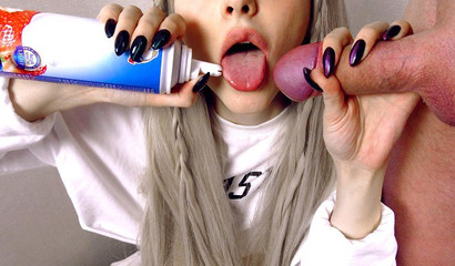 Kinky Russian blonde licking whipping cream from a juicy cock