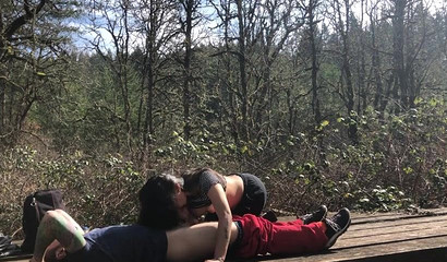 blowjob on a bridge as the woman gets too horny and sucks him