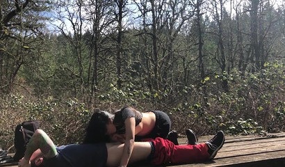 blowjob on a bridge as the woman gets too horny and sucks him