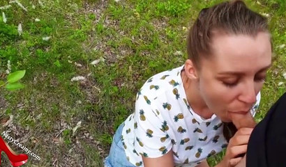 Slutty brunette teen milking a big cock in the park